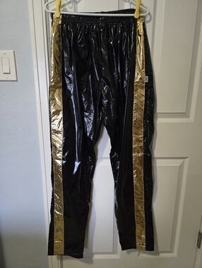 D-MODEWELT Men's PU Nylon Shiny Track Pants, Size 3XL, Black w/Gold Side Stripe